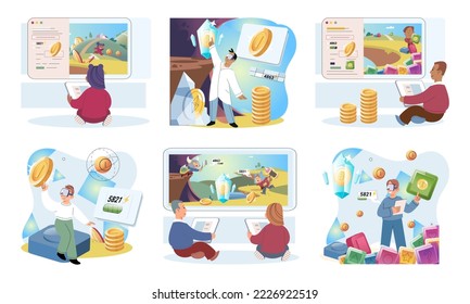 Jugar para ganar juegos creados sobre la base del proyecto blockchain con elementos de NFT, principal propósito de ganar. El jugador gana dinero jugando. Negocio de desarrollo de caracteres virtuales. Juego de criptodivisa.