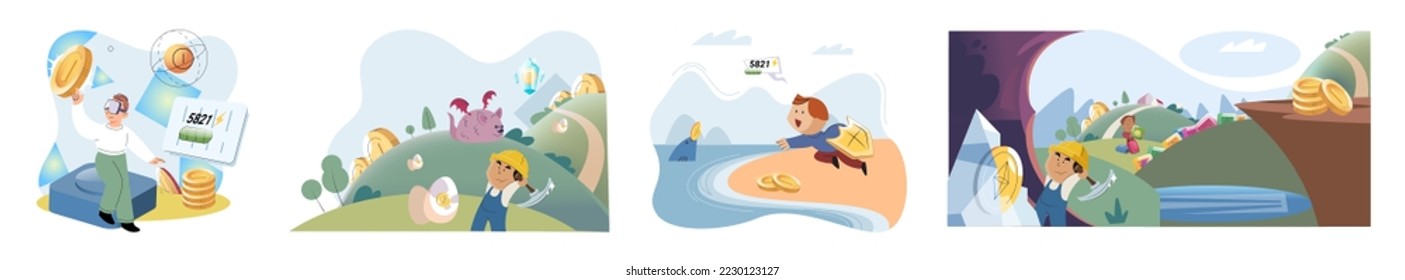 Play to earn games created on basis of blockchain project with elements of NFT, main purpose of earning. Player earn money by playing. Virtual character development business. Cryptocurrency game.