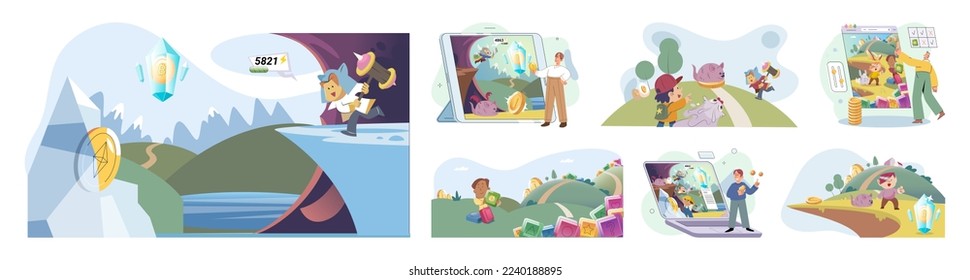 Play to earn games created on basis of blockchain project with elements of NFT, main purpose of earning. Player earn money by playing. Virtual character development business. Cryptocurrency game.