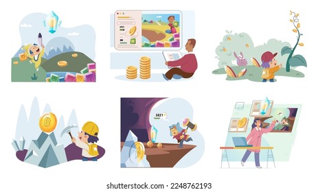 Play to earn games created on basis of blockchain project with elements of NFT, main purpose of earning. Player earn money by playing. Virtual character development business. Cryptocurrency game.