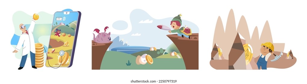 Play to earn games created on basis of blockchain project with elements of NFT, main purpose of earning. Player earn money by playing. Virtual character development business. Cryptocurrency game.