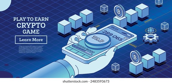 Juega para ganar. Sostenga el teléfono móvil. Ilustración vectorial. Juego de criptomonedas en línea. Ganar fichas de dinero digital.