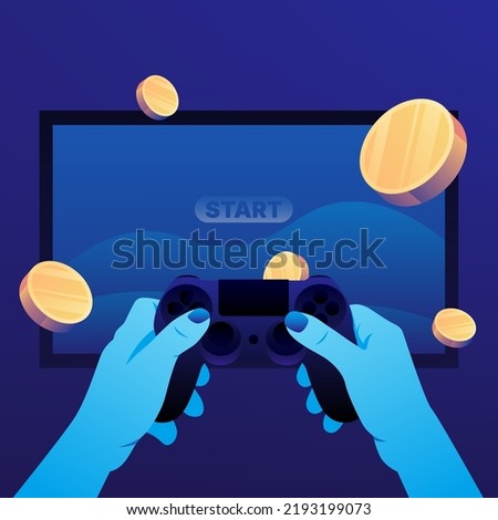 Play to Earn. Joystick, TV and Cryptocurrency Coins Illustration. Vector illustration