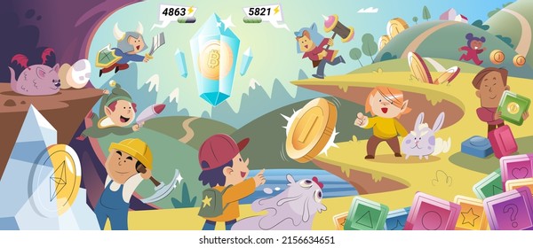 Play to earn. Metaverse, game finance technology. People playing online games with laptop, smartphone and vr goggles. GameFi design with cyber cartoon characters playing games to earn cryptocurrencies