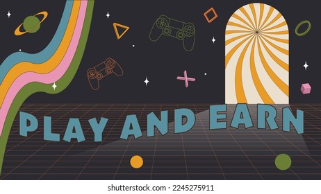 Play and Earn,  model turns into a Play and Earn model. Abstract psychedelic decorative background for posters, banner, website, landing page, 70s - 80s retro colors.