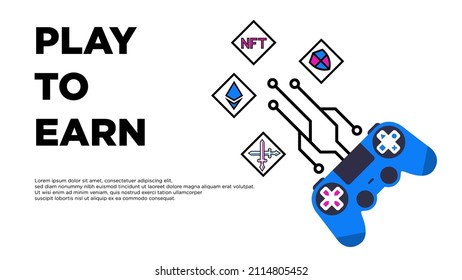 Play To Earn, Token, Nft Blockchain System, Earn Money With Play Game. Vector Illustration.