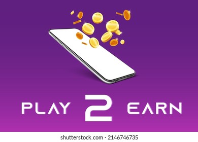 Play to earn vector design. Smartphone with coins and white text on purple background. Earning money and NFT's on mobile and web games. Metaverse concept.