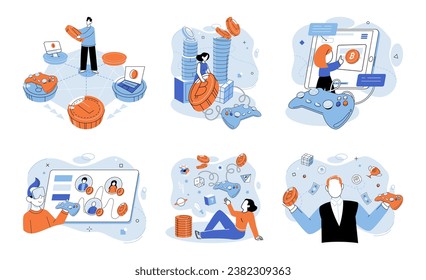 Play to earn vector illustration. By participating in play to earn games, players have opportunity to earn real money while enjoying their favorite games The play to earn metaphor reflects idea