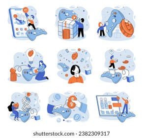 Play to earn vector illustration. Play to earn ecosystems offer decentralized and inclusive economy, where anyone can earn share virtual wealth The play to earn revolution is reshaping gaming