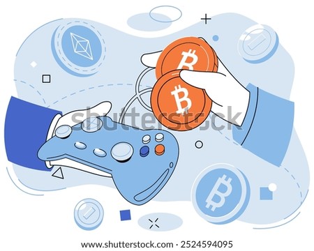 Play to earn vector illustration. Play to earn games provide alternative to traditional employment, allowing individuals to earn money on their terms The play to earn concept has attracted attention
