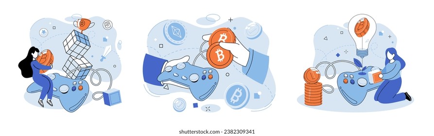Play to earn vector illustration. The play to earn revolution is reshaping gaming landscape, as players increasingly view gaming as viable source income Playing games can be fun and rewarding