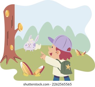 Play to earn video game with cute kid character trying to find money in gorest, player can receive rewards of real value for completing tasks or reselling something received in computer or mobile game
