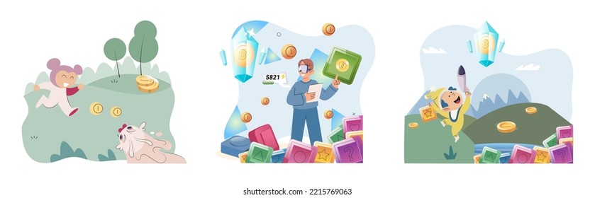 Play to earn, video games in which player can receive rewards with real value, blockchain projects. Cyber cartoon characters playing games to earn cryptocurrencies, trying to find money and power ups