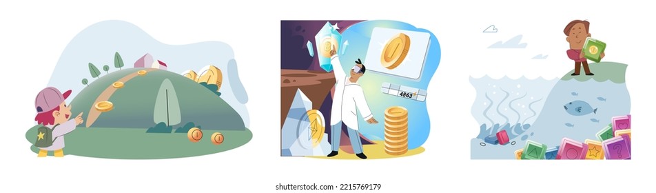 Play to earn, video games in which player can receive rewards with real value, blockchain projects. Cyber cartoon characters playing games to earn cryptocurrencies, trying to find money and power ups