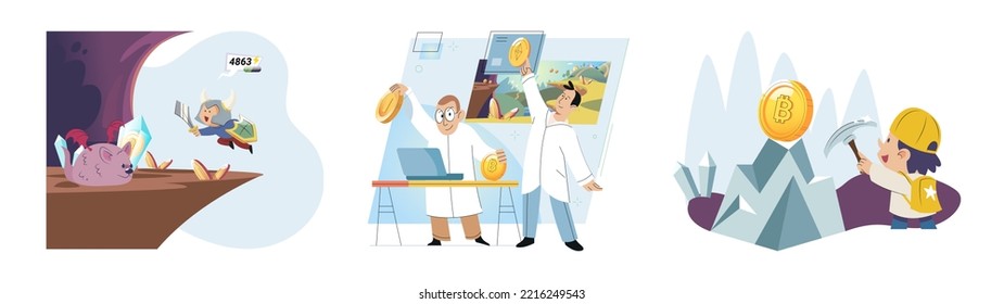 Play to earn, video games in which player can receive rewards with real value, blockchain projects. Cyber cartoon characters playing games to earn cryptocurrencies, trying to find money and power ups