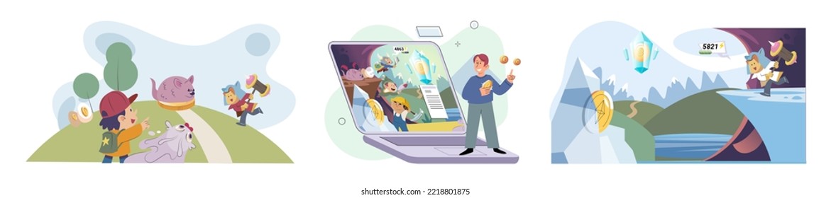 Spielen Sie um zu verdienen, Videospiele, bei denen Spieler Belohnungen mit echten Wert erhalten können, Blockchain-Projekte. Cyber-Cartoon-Charaktere, die Spiele spielen, um Kryptowährungen zu verdienen, um Geld zu finden und Aufstockungen zu machen