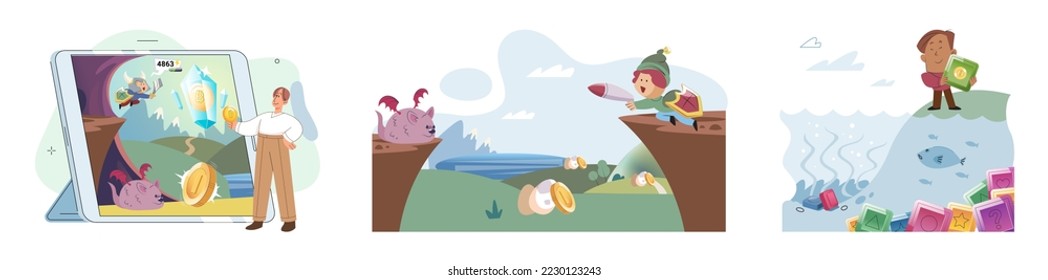Play to earn, video games in which player can receive rewards with real value, blockchain projects. Cyber cartoon characters playing games to earn cryptocurrencies, trying to find money and power ups