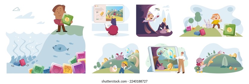 Play to earn, video games in which player can receive rewards with real value, blockchain projects. Cyber cartoon characters playing games to earn cryptocurrencies, trying to find money and power ups