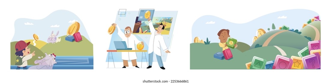 Play to earn, video games in which player can receive rewards with real value, blockchain projects. Cyber cartoon characters playing games to earn cryptocurrencies, trying to find money and power ups