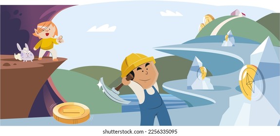 Play to earn, video games in which player can receive rewards with real value, blockchain projects. Cyber cartoon characters playing games to earn cryptocurrencies, trying to find money and power ups