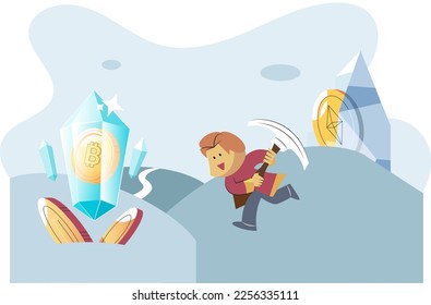 Jugar para ganar, videojuegos en los que el jugador puede recibir recompensas con valor real, proyectos de blockchain. Personajes de ciberdibujos animados jugando para ganar criptomonedas, tratando de encontrar dinero y subidas de poder