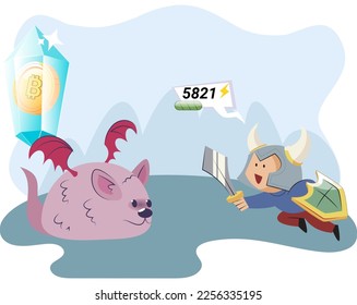 Play to earn, video games in which player can receive rewards with real value, blockchain projects. Cyber cartoon characters playing games to earn cryptocurrencies, trying to find money and power ups