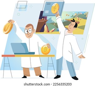 Play to earn, video games in which player can receive rewards with real value, blockchain projects. Cyber cartoon characters playing games to earn cryptocurrencies, trying to find money and power ups