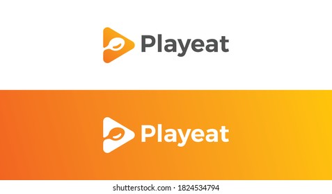 Play Eat logo design spoon food restaurant eatery cafe logo play video tube logo orange with white hotel logo