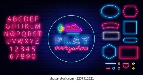 Play everywhere neon sign. Flying car on circle frame. Different shapes borders set. Game design concept. Luminous pink font. Glowing advertising. Virtual reality concept. Vector stock illustration