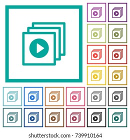 Play files flat color icons with quadrant frames on white background