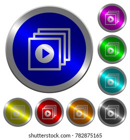 Play files icons on round luminous coin-like color steel buttons