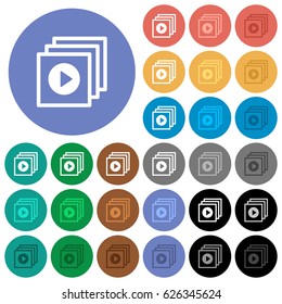 Play files multi colored flat icons on round backgrounds. Included white, light and dark icon variations for hover and active status effects, and bonus shades on black backgounds.