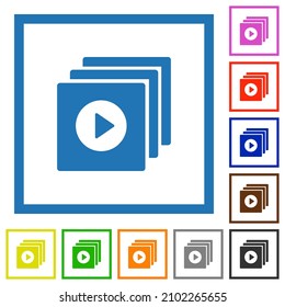 Play files solid flat color icons in square frames on white background