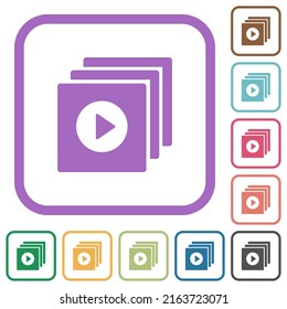 Play files solid simple icons in color rounded square frames on white background