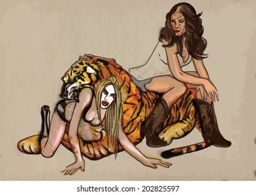 Play with fire - Fun with Tiger (two women). Hand drawn illustration, vector.