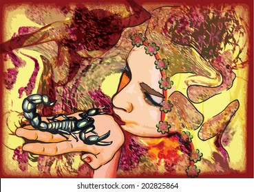 Play with Fire - Give a Kiss to Scorpion (variation 1). Hand drawn illustration, vector.