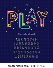 Play font and alphabet. Colorful vector letters and numbers