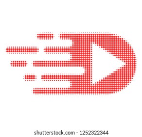 Play function halftone dotted icon with fast speed effect. Vector illustration of play function designed for modern abstraction with symbols of speed, rush, progress, energy.