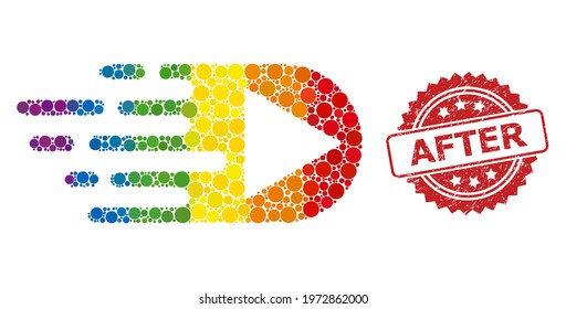 Play function mosaic icon of filled circle items in different sizes and LGBT color tones, and After corroded rosette seal imitation. A dotted LGBT-colored Play function for lesbians, gays,