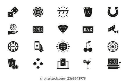 Play Gambling Game Black Silhouette Sign. Casino and Poker Solid Icon Set. Bet Lottery, Jackpot 777 in Vegas Symbol Collection. Betting Poker, Casino, Gamble Game Pictogram. Vector Illustration.