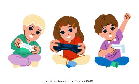 play game console kid  vector.  children computer, online technology, joystick entertainment play game console kid character. people flat cartoon illustration