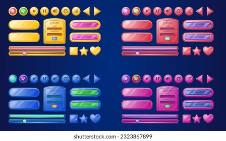 Play game interface button ui icon vector design. Cartoon frame for video music player app. Gui user board elements for navigation in pink, blue and gold. Signboard asset with gem for website banner