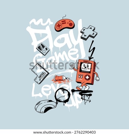 Play Game level Up Graffiti video game pad vector illustration graphic tee