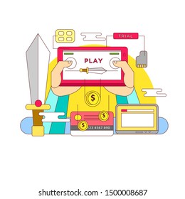 Play Game Online Vector Illustration Concept Showing people hand play Game Online on Smartphone connected to credit Card.
