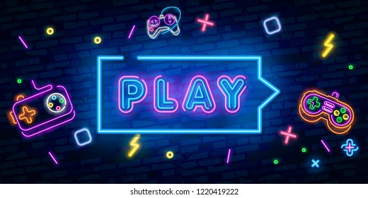 Play Game Place. Gambling slogan, Casino, Betting design element, Night neon signboard. Vector illustration