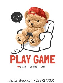 juego de slogan con juego de muñeca de oso lindo en la ilustración del sofá vectorial