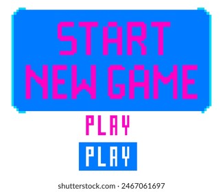 Play a game, start a new game, play, pixel art, 8 bit. Development of games, mobile applications. Vector illustration