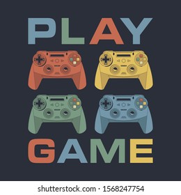 Play game typography, tee shirt graphics, vectors, joystick illustration