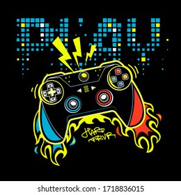 Play gamepad poster. Joystick with fire.  Gamer elements for boy t shirt design