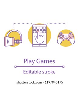 Play games concept icon. Entertainment idea thin line illustration. Hobbies, leisure. Video games, virtual reality. Gamepad, VR headset, smartphone. Vector isolated outline drawing. Editable stroke